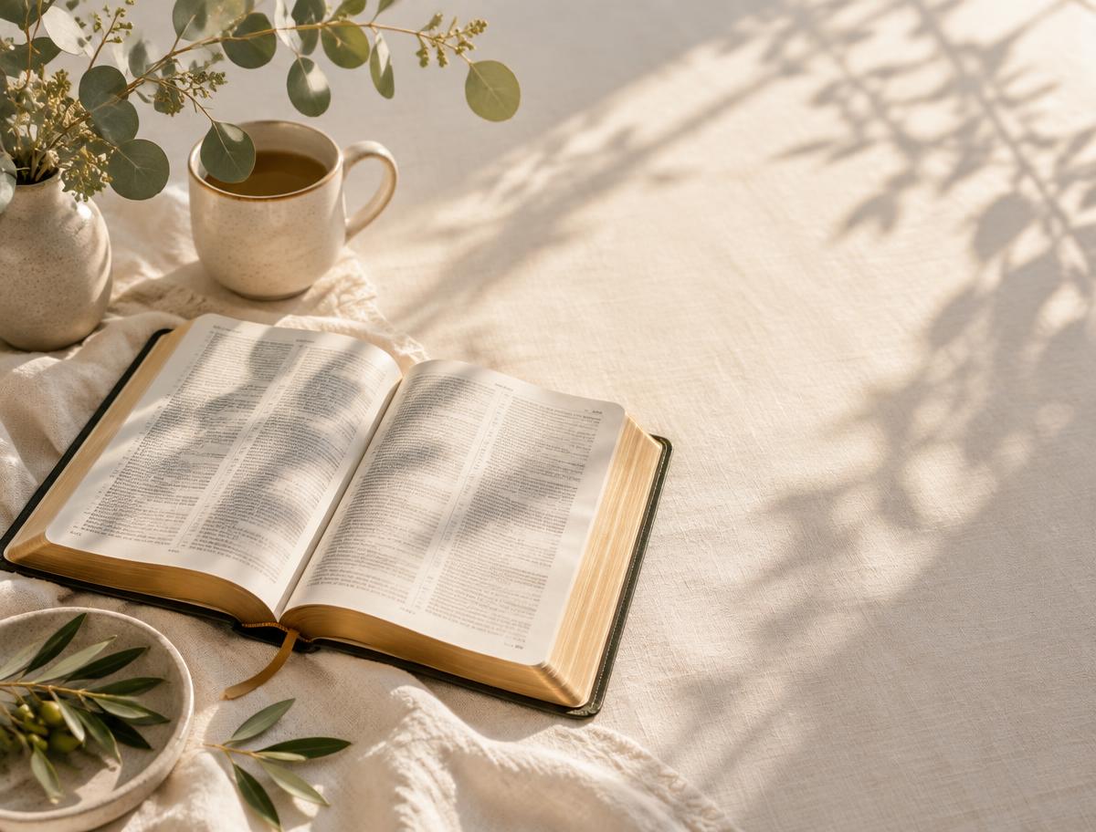 Open Bible beside a cup and eucalyptus leaves