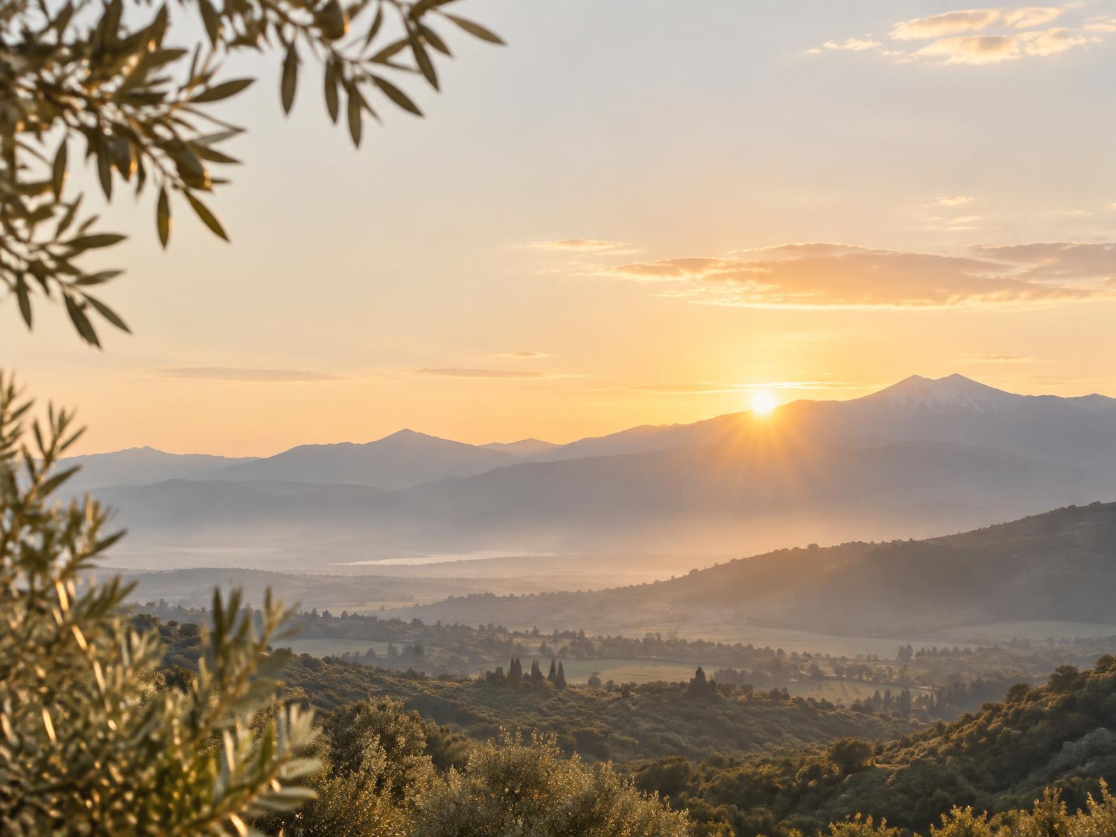 Serene sunrise among mountains and olive trees
